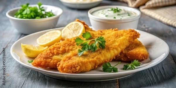 Obraz Golden fried fish fillet served with tartar sauce, lemon wedges, and parsley , crispy, delicious, seafood, meal