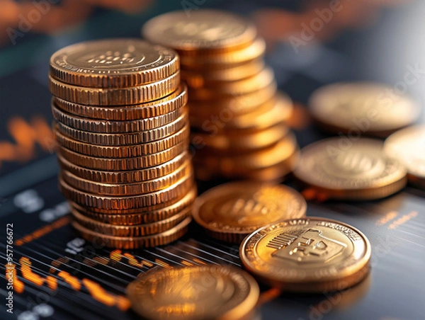 Fototapeta stack of coins Financial profitability and cost with graphic stock.