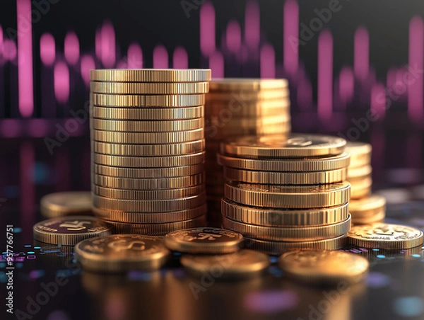 Fototapeta stack of coins Financial profitability and cost with graphic stock.