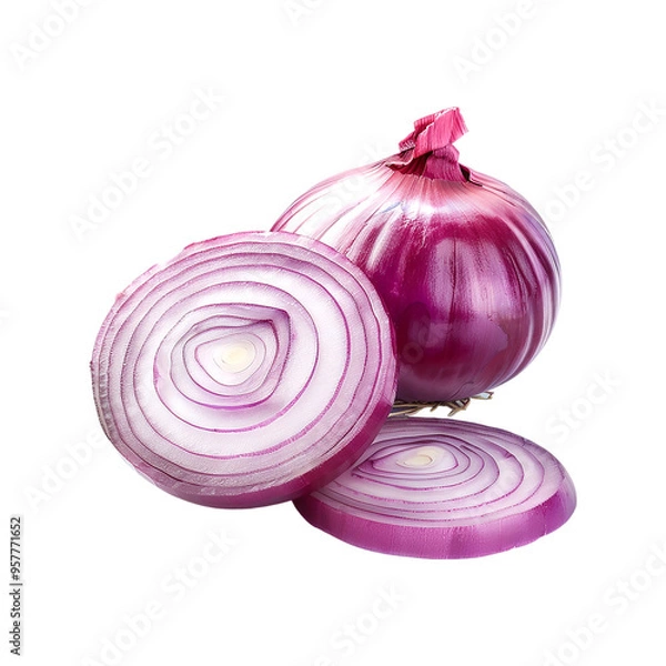Fototapeta Fresh onion and a halved portion isolated on a transparent background for professional use
