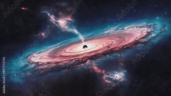 Fototapeta High-Quality Realistic Pixel Art Photograph of Distant Swirling Galaxy with Black Hole Center, Star-Studded Background, Radiant Nebulas, Quasars, Interstellar Gas and Dust 4K Texture and Detail Cosmic