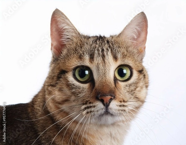 Fototapeta Beautiful tabby kitten with bright green eyes, soft white fur, and playful whiskers, sitting peacefully in a sunlit window