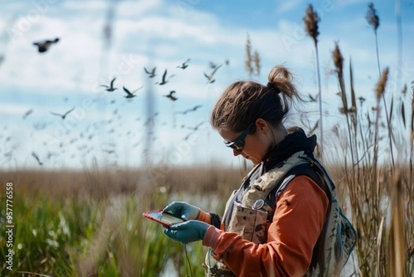 Fototapeta A female scientist tagging migratory birds in a coastal wetland. The area is filled with reeds and the calls of distant birds