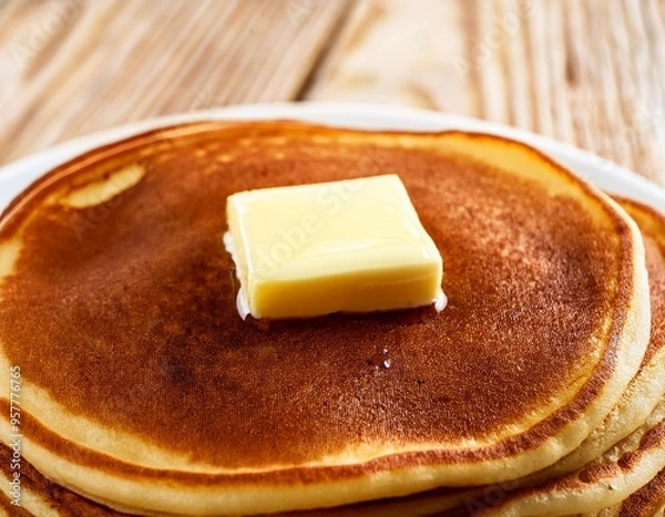 Fototapeta Isolated stack of fluffy pancakes drizzled with golden syrup and topped with melted butter, a delicious breakfast treat on a white plate