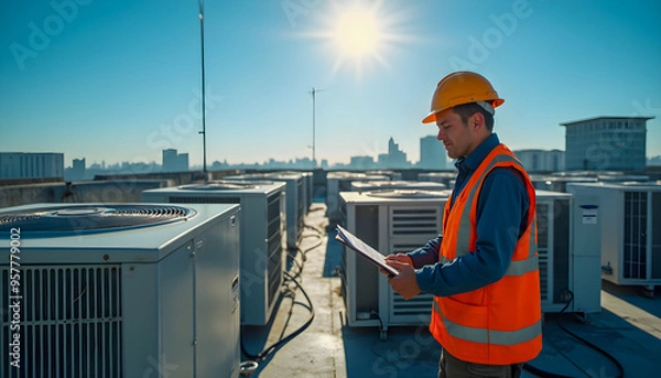 Obraz HVAC Technician Inspecting Air Conditioning Units on Rooftop.