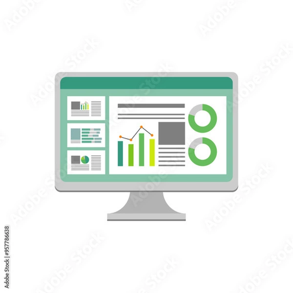 Obraz グラフ資料が表示されたパソコンモニターのイラスト
