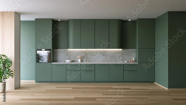 Obraz Green Modern kitchen design have wood floor  in room space and green plant,3D rendering