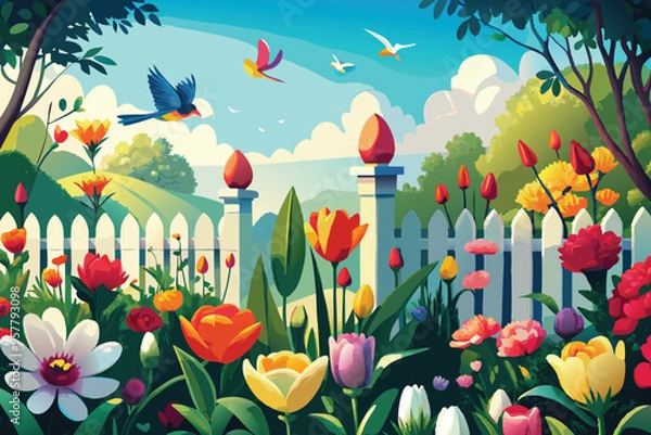 Fototapeta A vibrant garden filled with blooming tulips, daffodils, and roses, with birds perched on a white picket fence and a clear sky overhead