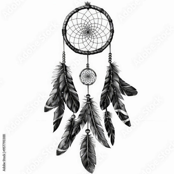 Fototapeta dream, catcher, dreamcatcher, tattoo, vector, illustration, tribal, art, pattern, design, decoration, symbol, black, ornament, flower, skull, floral, vintage, antique, heraldic, element, drawing