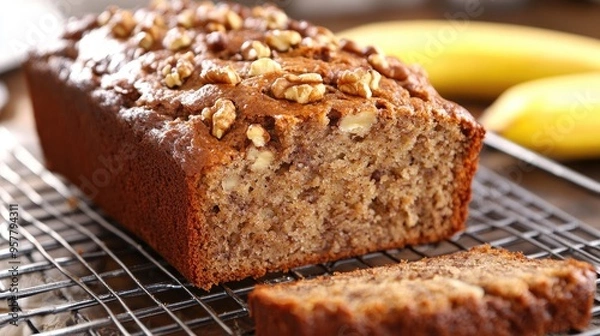 Fototapeta A delicious loaf of banana bread with walnuts, placed on a cooling rack with slices revealing a moist interior.