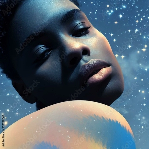 Obraz Stylized Portrait of Woman with Moonlit Starry Background