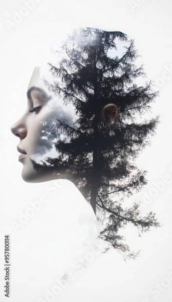 Fototapeta A serene double exposure image blending a woman's profile with a forest, symbolizing harmony between nature and humanity.