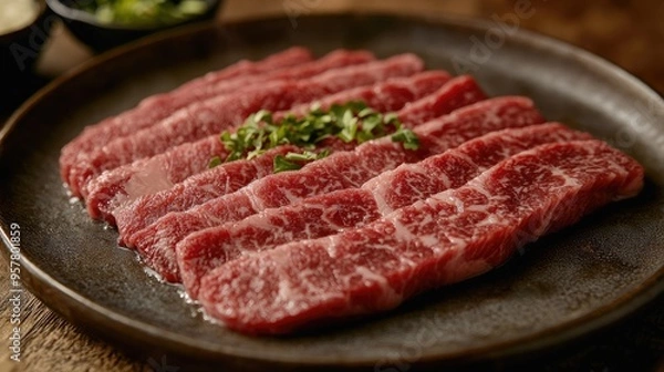Fototapeta A premium set of raw Wagyu A5 beef slices, ready for yakiniku, arranged on a plate with herbs. Rich marbling and color make it a stunning choice for culinary visuals.