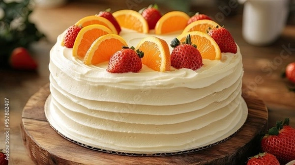Fototapeta A round vanilla cake with a smooth frosting, topped with alternating orange slices and strawberries, presented on a rustic wooden board