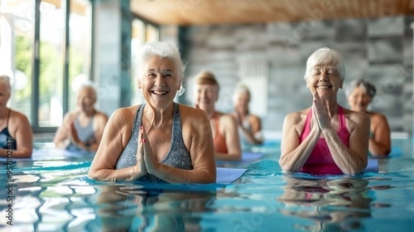 Obraz Elderly group exercising with yoga in the swimming pool