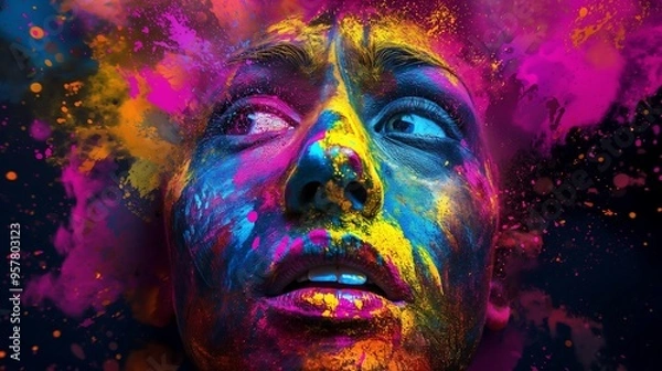 Obraz Colored powder exploded on the woman's face.