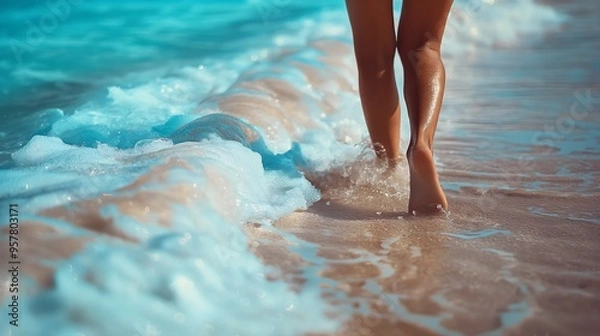 Fototapeta Low angle view of beautiful young woman's feet in bikini walking on white sandy beach, blue sea water.