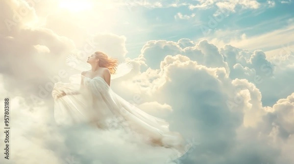 Fototapeta Goddess flying on white clouds