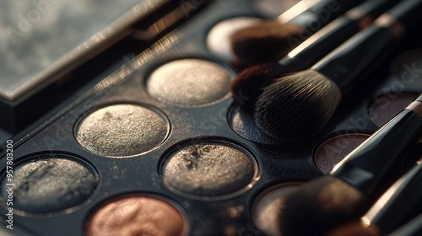 Fototapeta Close-up of makeup eyeshadow palette and makeup brushes