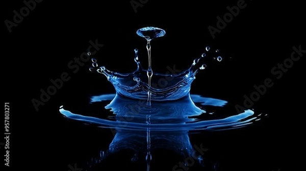 Obraz Blue water drops falling on a black background.