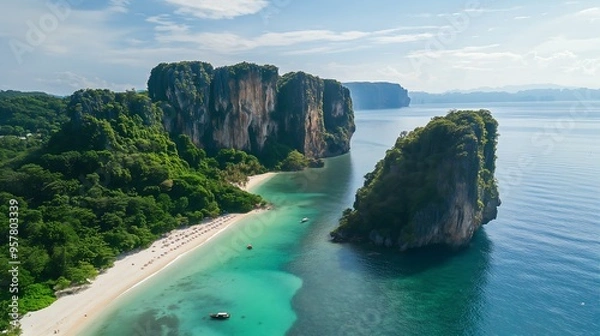 Fototapeta Aerial view of a vast beach and limestone cliffs.