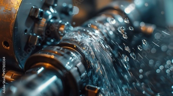 Fototapeta Close-up of CNC lathe equipment with coolant poured in industrial production