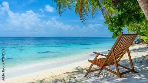 Fototapeta Beach chairs under coconut trees on a clean white sand beach.