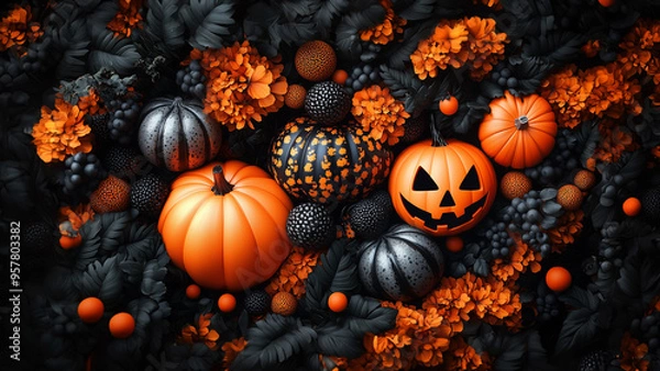 Fototapeta Halloween 3D style flatlay background in black and orange color with a single carved pumpkin or Jack-o-lantern