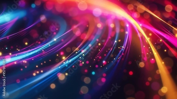 Fototapeta High speed internet fiber optic technology glowing digital on dark background