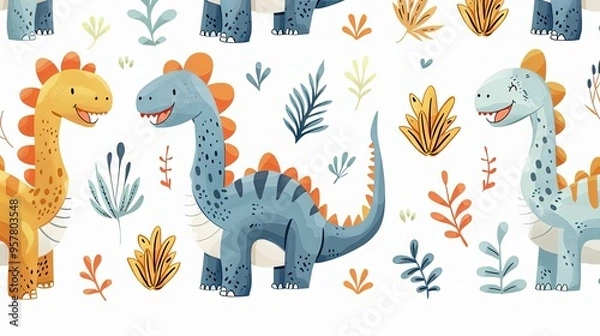 Fototapeta Colorful Cartoon Dinosaurs with Floral Pattern