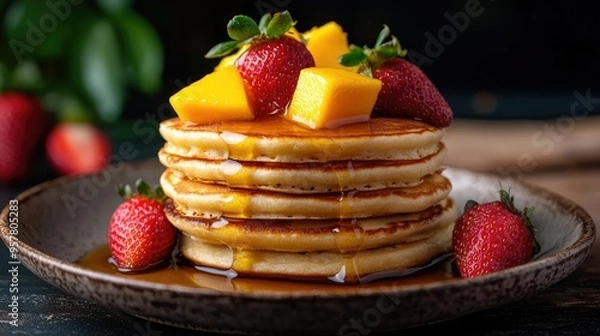 Fototapeta A stack of homemade pancakes topped with fresh mango slices and strawberries, drizzled with honey, served on a rustic plate for a delicious breakfast scene.
