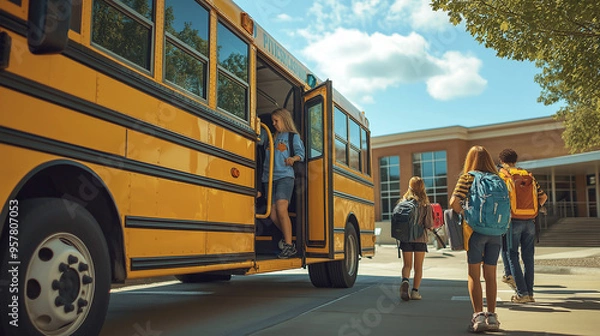 Obraz Children get off the school bus