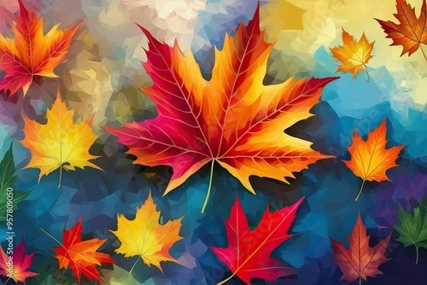 Obraz Vibrant Leaves Against Abstract Impressionist Background