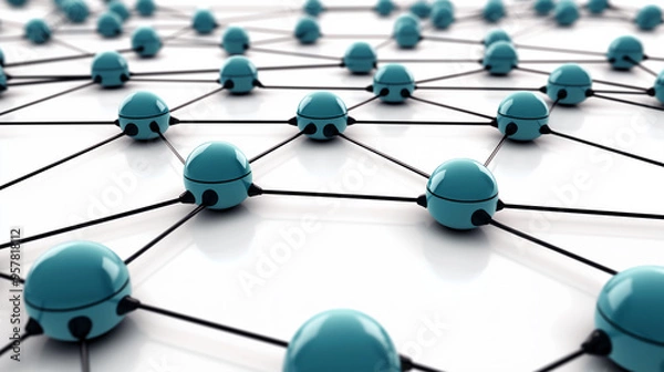 Fototapeta 3d Social networking blue plastic nodes background, interconnected by lines to form a grid structure, indicating interconnections and relationships in the social community or business