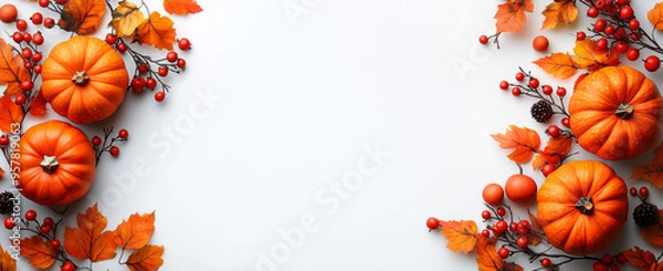 Fototapeta Autumn fall flatlay with pumpkins on white background to use for holidays and seasonal celebrations like Thanksgiving