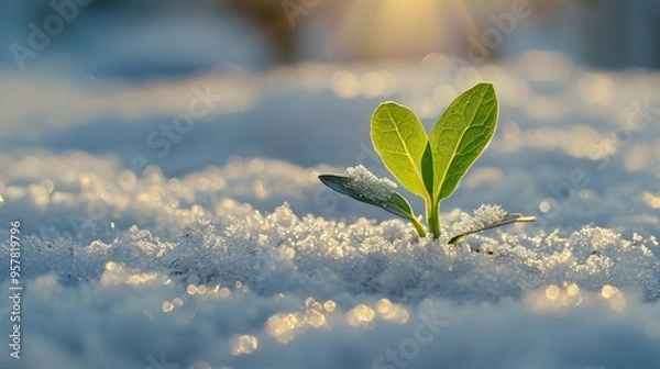 Fototapeta 07240954 171. A delicate young green sprout breaking through the snowy frozen ground, illuminated by soft sunlight, symbolizing the transition from winter to spring