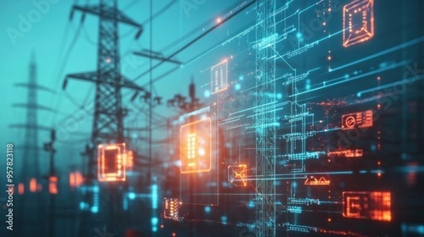 Fototapeta A close-up of a digital interface showing an attempted cyber-attack on the electrical grid, warning alerts flashing,