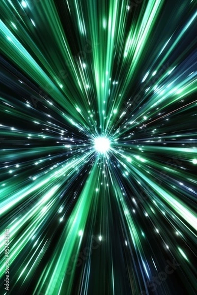 Fototapeta Abstract Design Featuring Light Beams in Black, Green, and Cyan Shooting from Center to Edges of Screen with Motion Blur Effect Suggesting Light Speed, Set Against a Futuristic Background