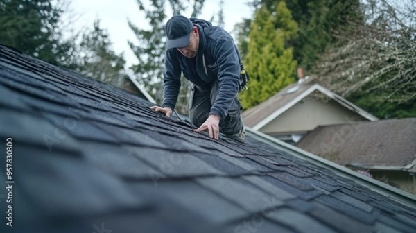 Fototapeta A roof inspection in progress, with an inspector carefully examining the shingles, gutters, and overall roof structure, highlighting potential areas of concern