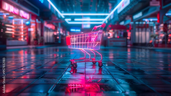 Fototapeta Shopping cart with neon colorful can be viewed in modern stores with copy space