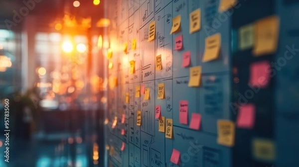 Obraz Creative Office Space with Sticky Notes on Glass Wall During Sunset, Brainstorming and Planning Session