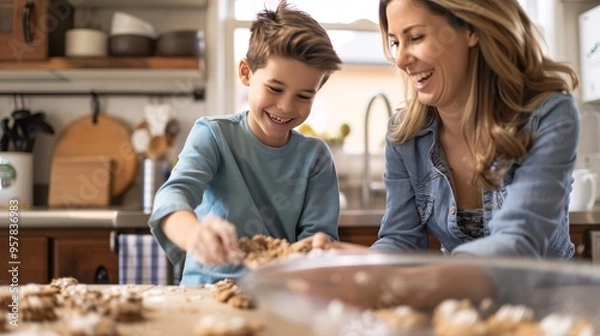 Obraz Detailed view of a boy baking cookies in the kitchen with his mother, both sharing a joyful moment