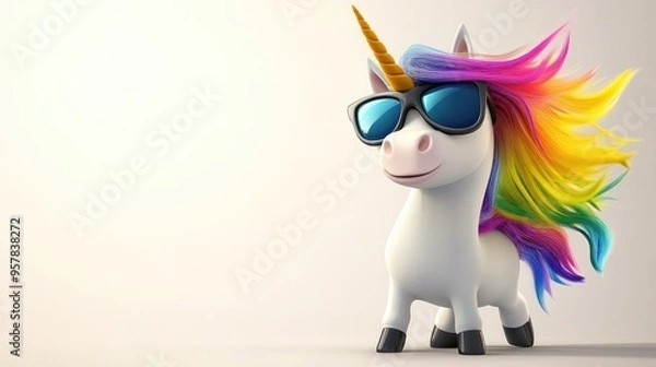 Obraz A funny cartoon unicorn wearing sunglasses, striking a cool pose with a rainbow mane flowing in the wind