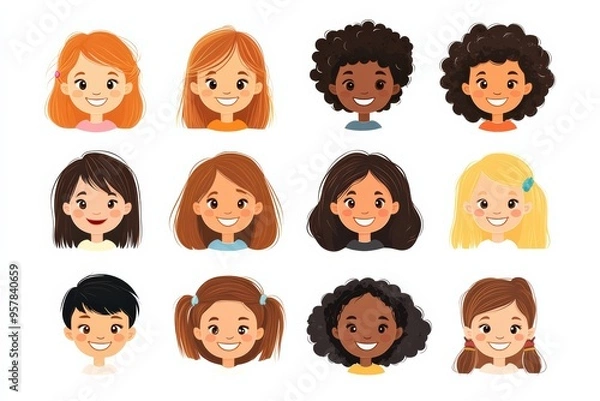 Obraz Set of children avatars. Bundle of smiling faces of boys and girls with different hairstyles, skin colors and ethnicities. Colorful flat vector illustration isolated on white background 