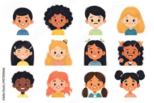 Obraz Set of children avatars. Bundle of smiling faces of boys and girls with different hairstyles, skin colors and ethnicities. Colorful flat vector illustration isolated on white background 