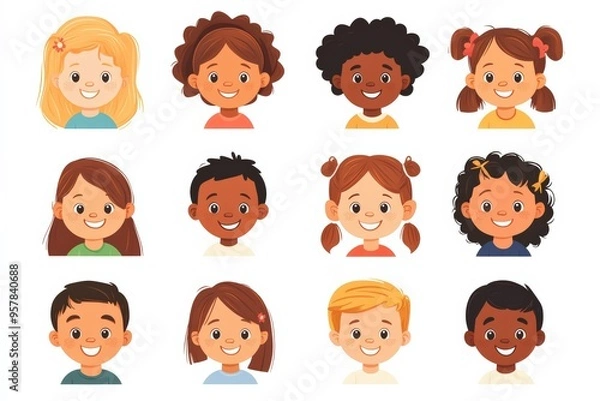Obraz Set of children avatars. Bundle of smiling faces of boys and girls with different hairstyles, skin colors and ethnicities. Colorful flat vector illustration isolated on white background 