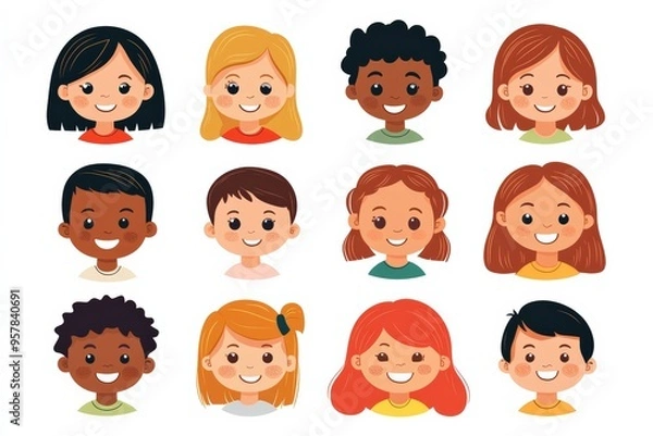 Obraz Set of children avatars. Bundle of smiling faces of boys and girls with different hairstyles, skin colors and ethnicities. Colorful flat vector illustration isolated on white background 