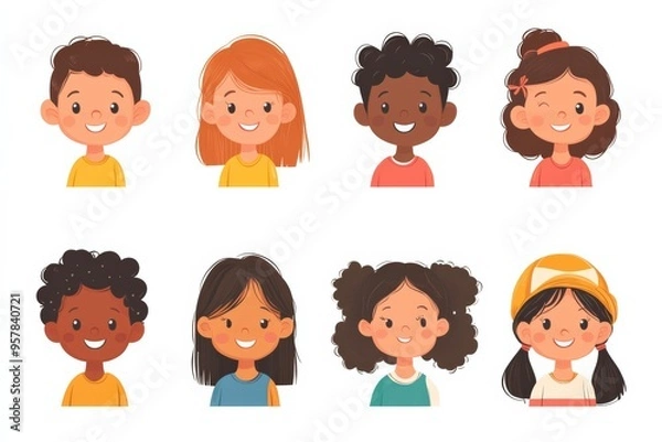 Obraz Set of children avatars. Bundle of smiling faces of boys and girls with different hairstyles, skin colors and ethnicities. Colorful flat vector illustration isolated on white background 