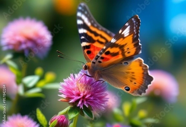 Fototapeta A close-up photo of a butterfly sitting on a flower with a blurred blue background