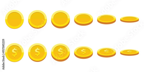 Obraz Set of rotating gold coins isolated on a white background. Set of icons of gold coins rotating in different angles for animation. Set of gold coins. Dollars. Flat vector illustration.